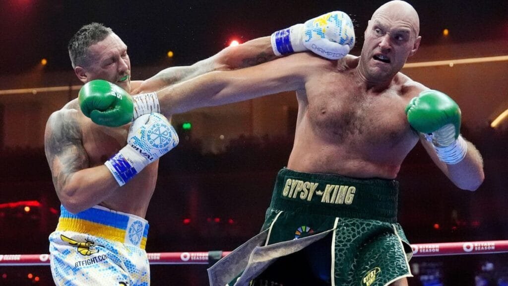 Oleksandr Usyk (left) lands a punch on Tyson Fury during the Heavyweight Championship fight at Kingdom Arena, Riyadh. Picture date: Saturday May 18, 2024.